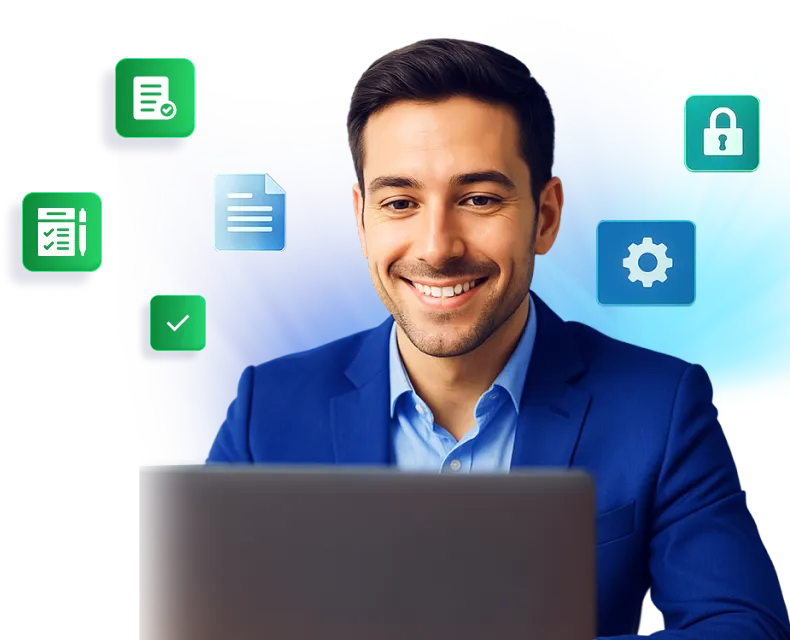 Profesional revisando documentos legales y políticas de whapi.chat